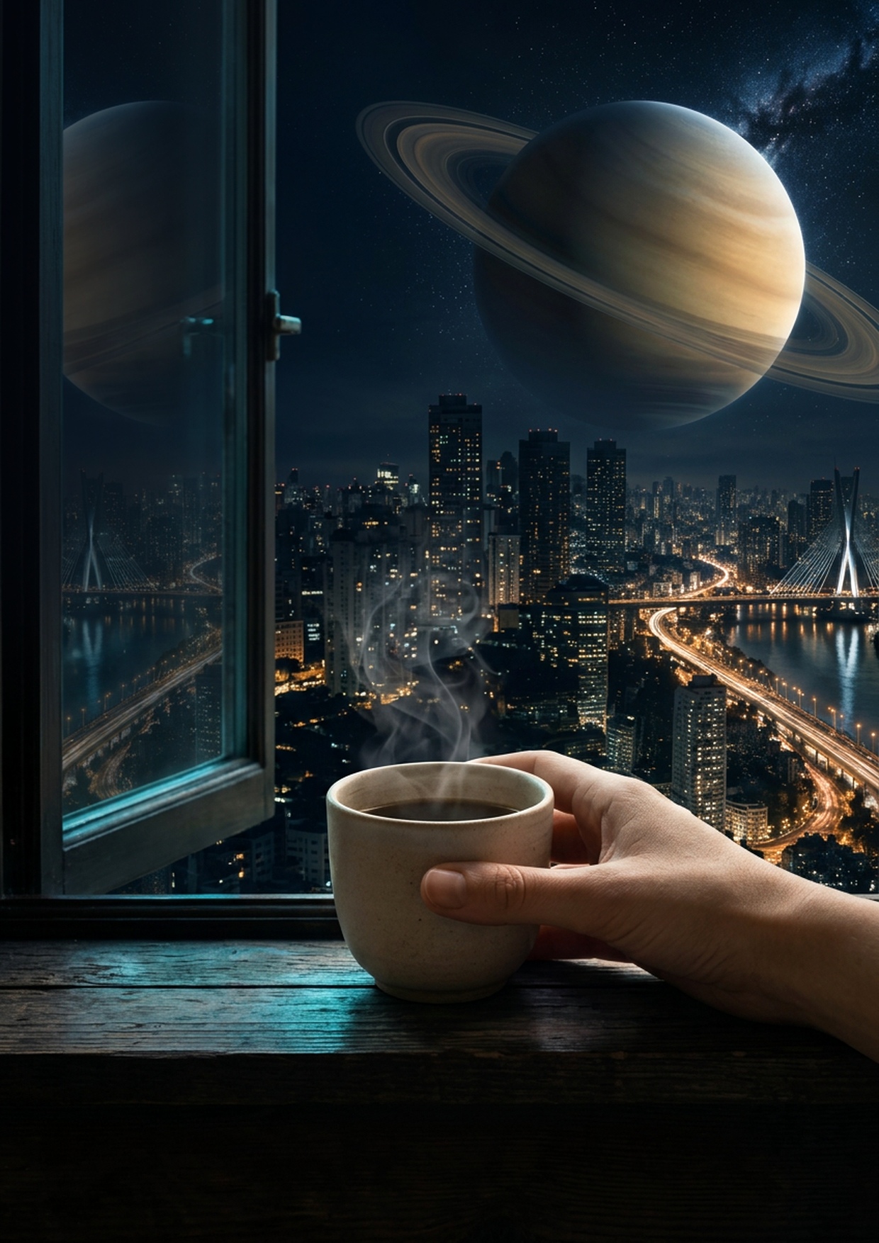 Saturno sobre a cidade visto de uma janela, com uma mão segurando uma xícara de café