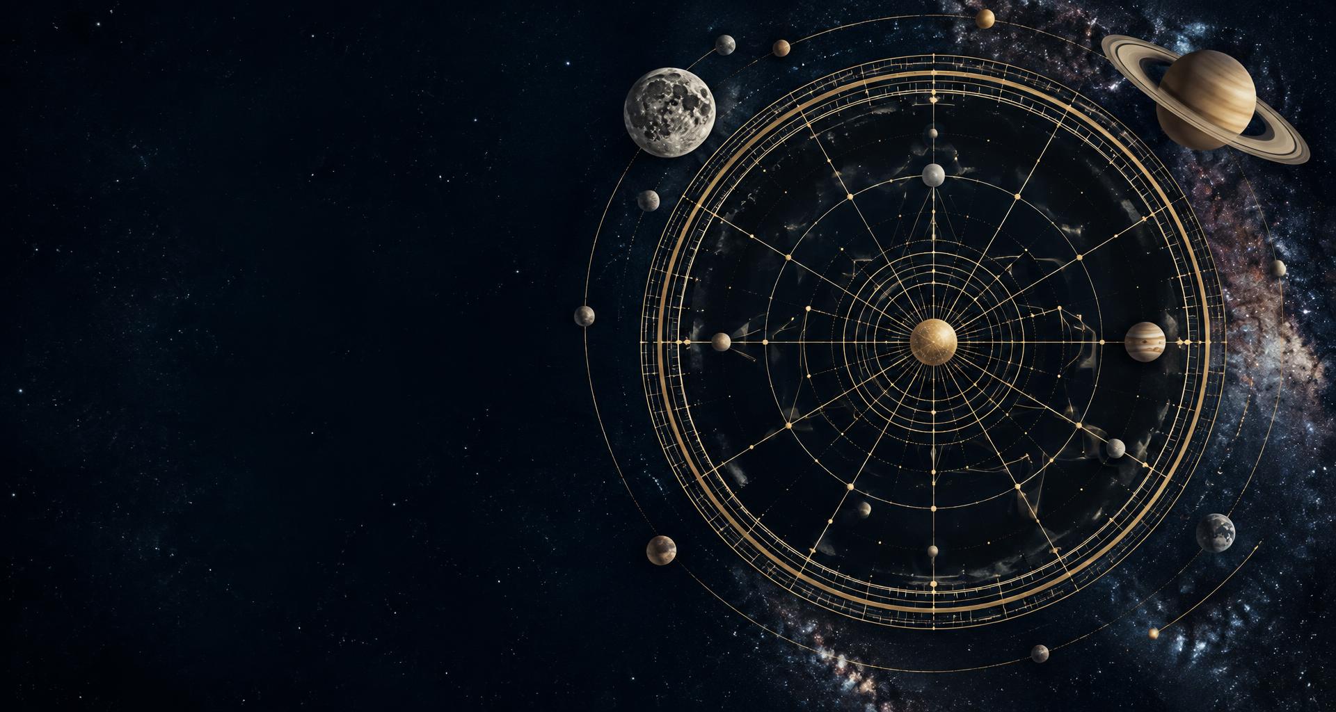 Composição celeste com planetas, órbitas e uma mandala geométrica dourada representando os ciclos do mapa